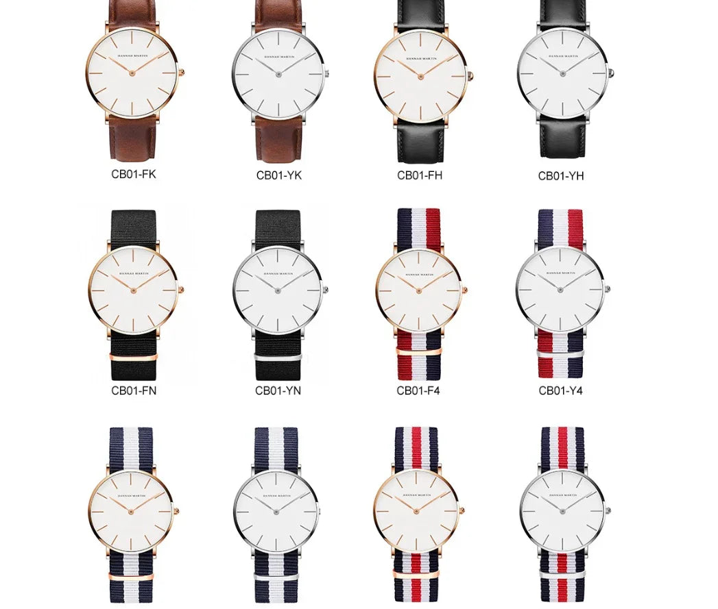 Twelve Daniel Martin minimalist wristwatches with leather and striped fabric bands in brown, black, blue, white, red colors