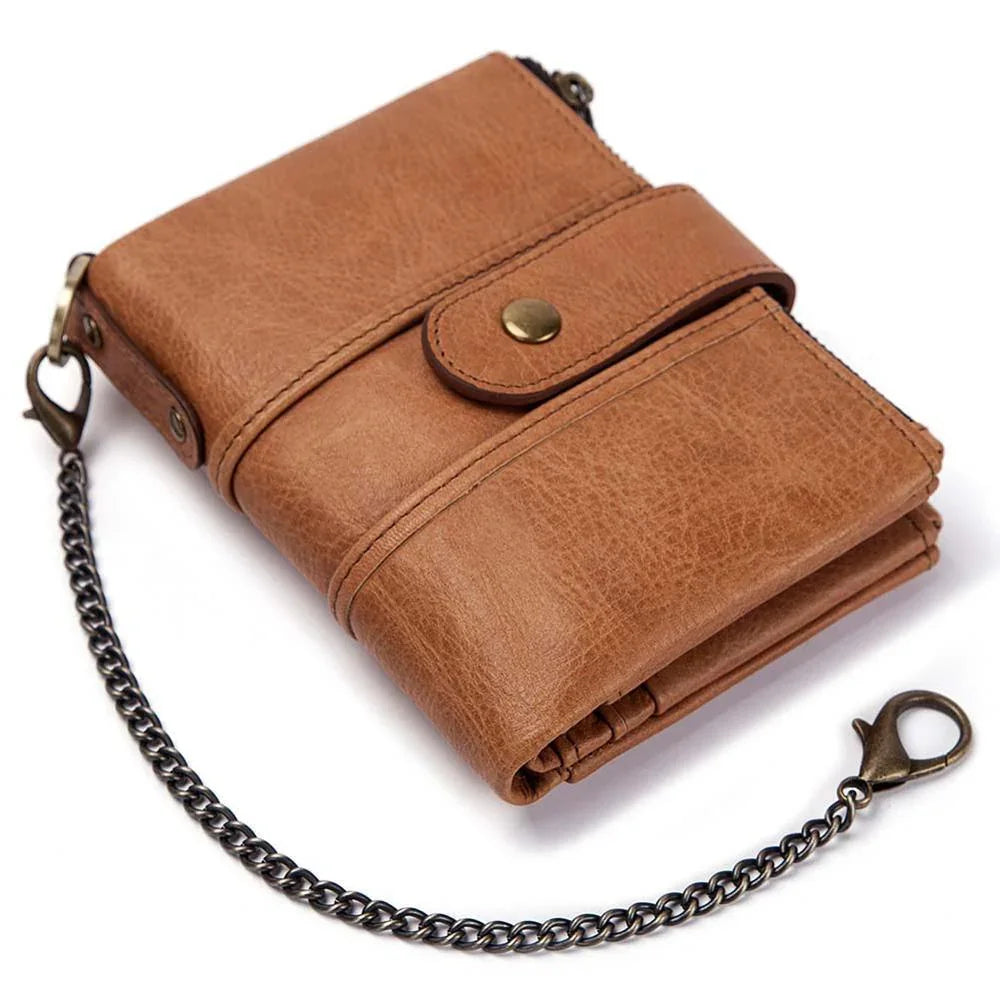 Brown leather wallet with snap button and attached metal chain on white background