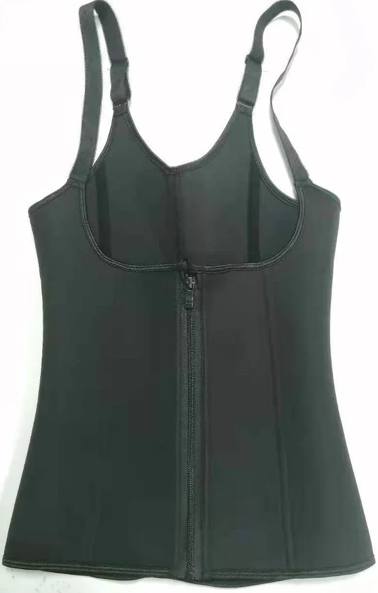 Black neoprene waist trainer vest with zipper front and adjustable shoulder straps