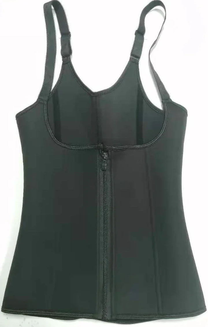 Black neoprene waist trainer vest with zipper front and adjustable shoulder straps