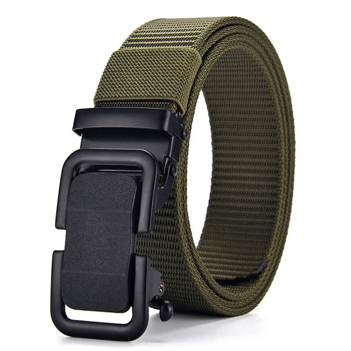 Olive green tactical nylon belt with black metal buckle, durable and adjustable design