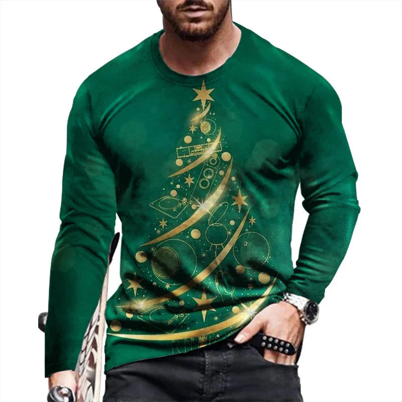 Man wearing green long-sleeve Christmas sweater with golden holiday tree design and stars