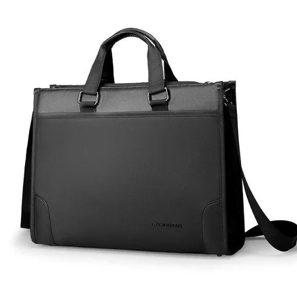 Sleek black leather briefcase with dual handles and detachable shoulder strap on white background