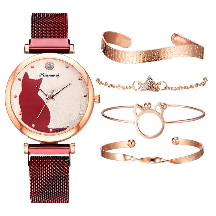 Rose gold cat-themed wristwatch with burgundy mesh band and matching rose gold bracelets set