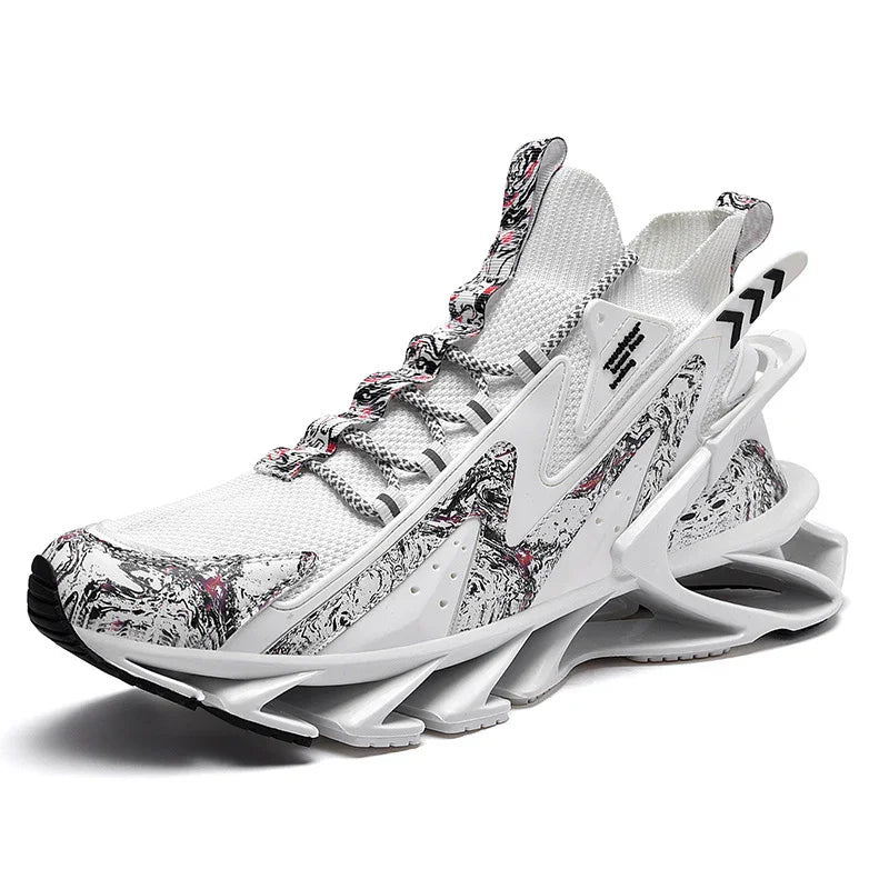 White high-top futuristic sneaker with marbled black and pink accents and unique segmented sole design