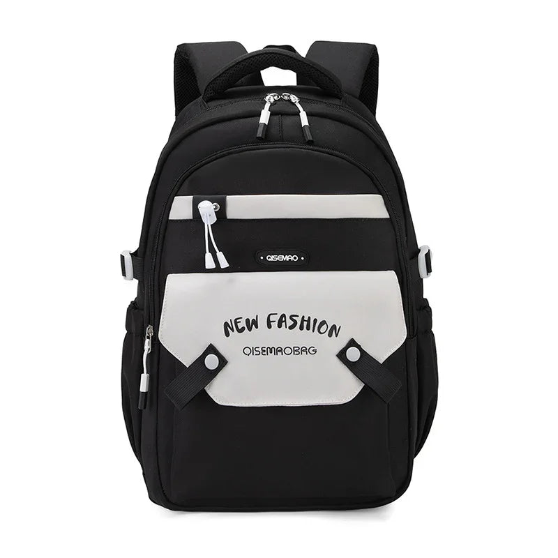 Black and white fashion backpack with multiple compartments and text New Fashion QISEMAOBAG
