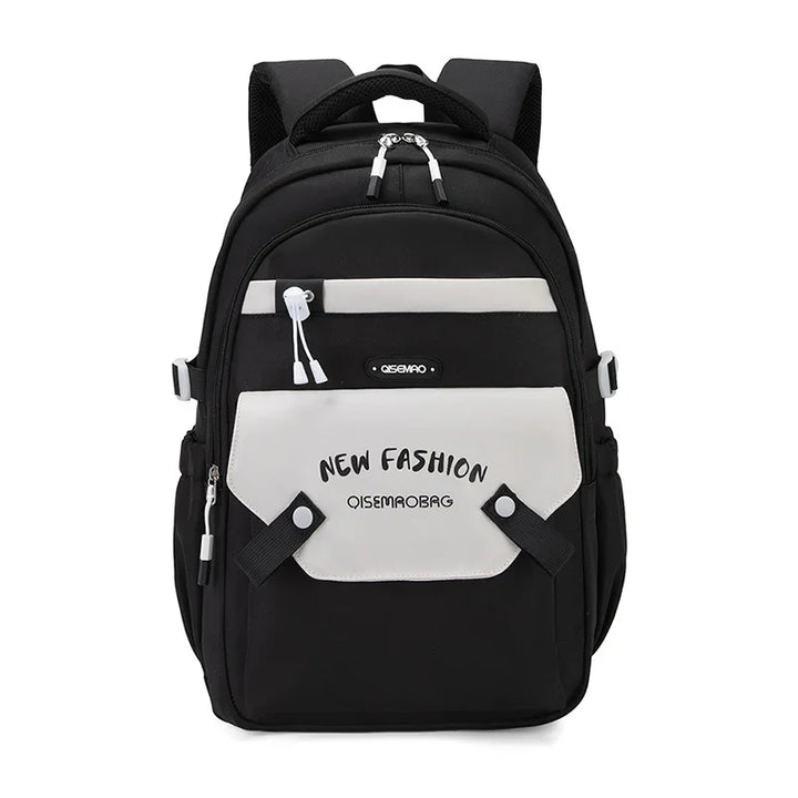 Black and white fashion backpack with multiple compartments and text New Fashion QISEMAOBAG