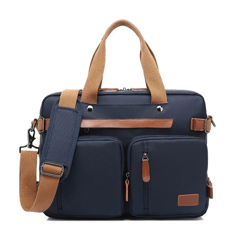 Navy blue laptop bag with brown handles and adjustable shoulder strap, dual front zipped pockets
