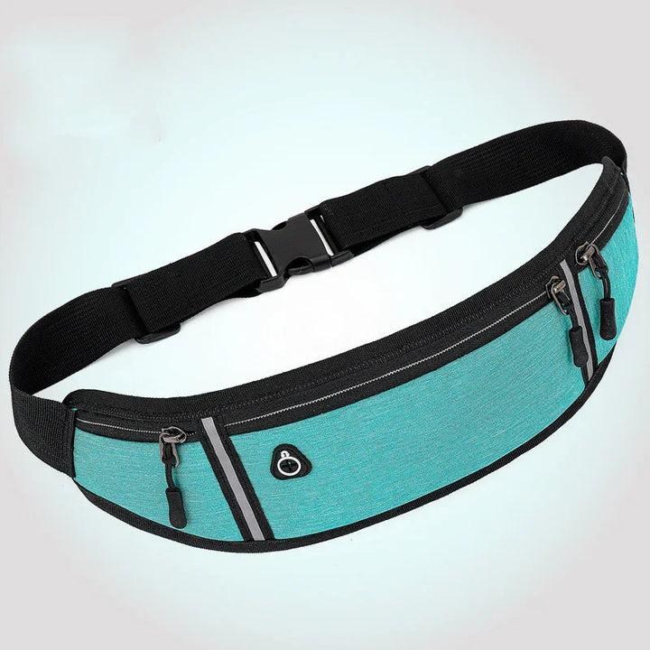 turquoise and black waist bag with adjustable strap and three zippered compartments