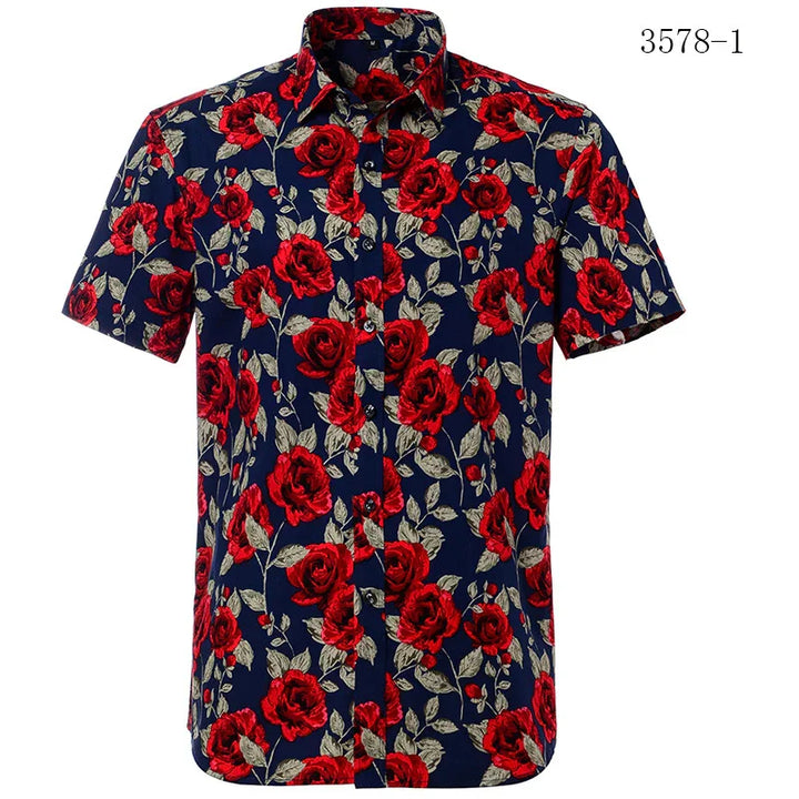 Men's short-sleeve navy shirt with vibrant red rose floral print and beige leaves