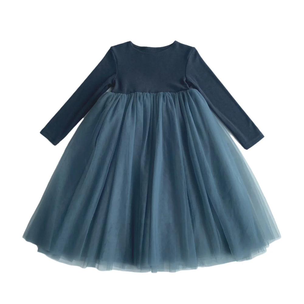 Navy blue long-sleeve top dress with layered tulle skirt for girls