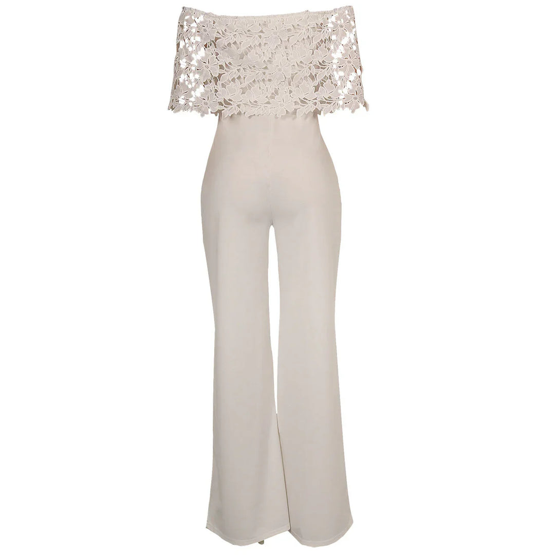 Elegant off-shoulder white jumpsuit with lace floral top and wide-leg pants
