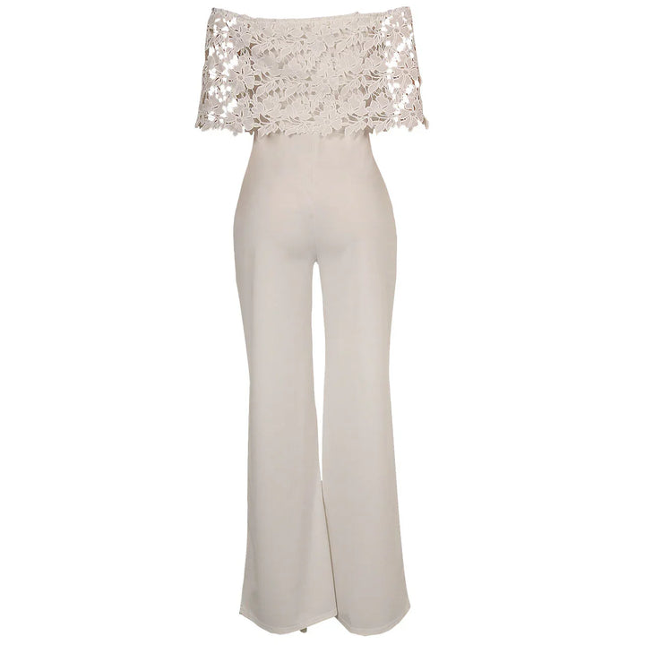 Elegant off-shoulder white jumpsuit with lace floral top and wide-leg pants