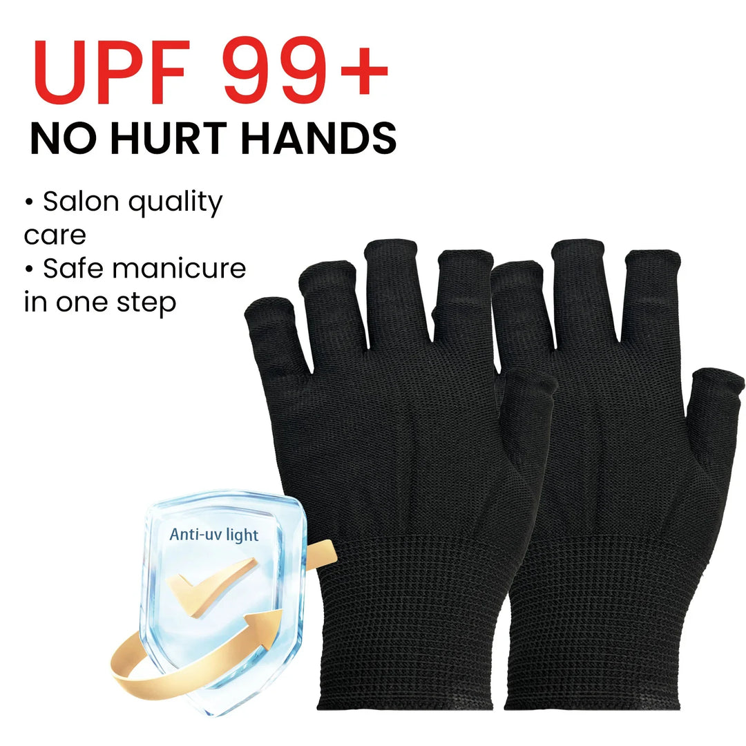 Black fingerless UV protection gloves with UPF 99+, salon quality, safe manicure