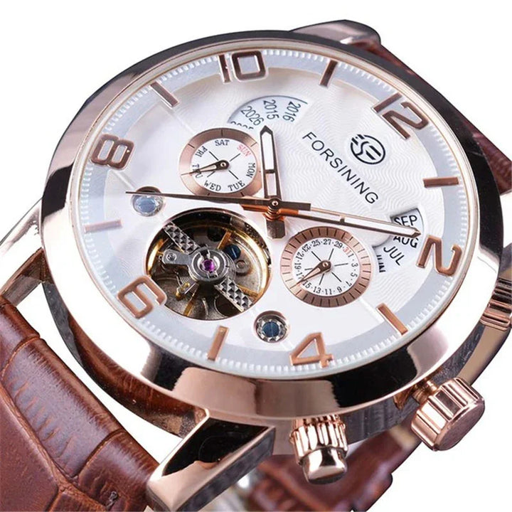Forsining men's gold rose automatic watch with white dial, brown leather strap, day and date subdials