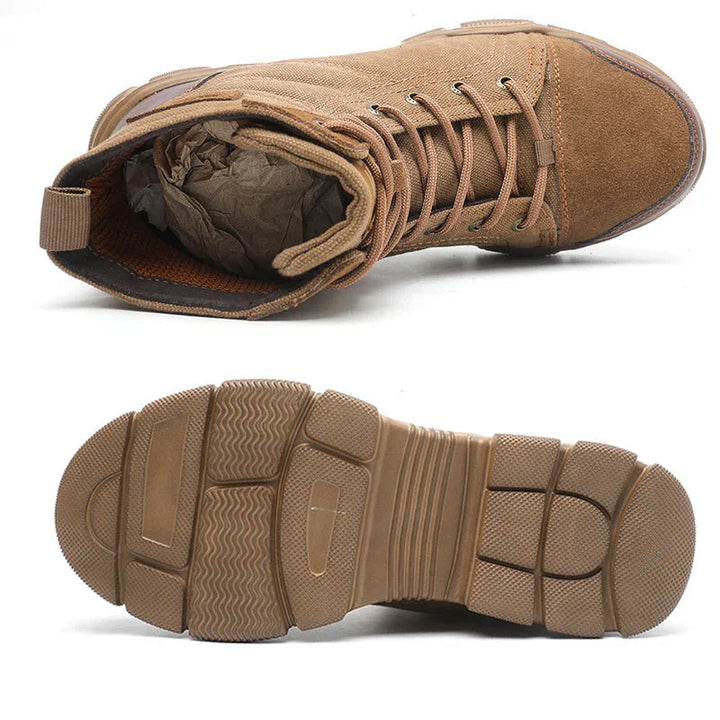 tan tactical combat boot with lace-up design and rugged tread sole for outdoor wear