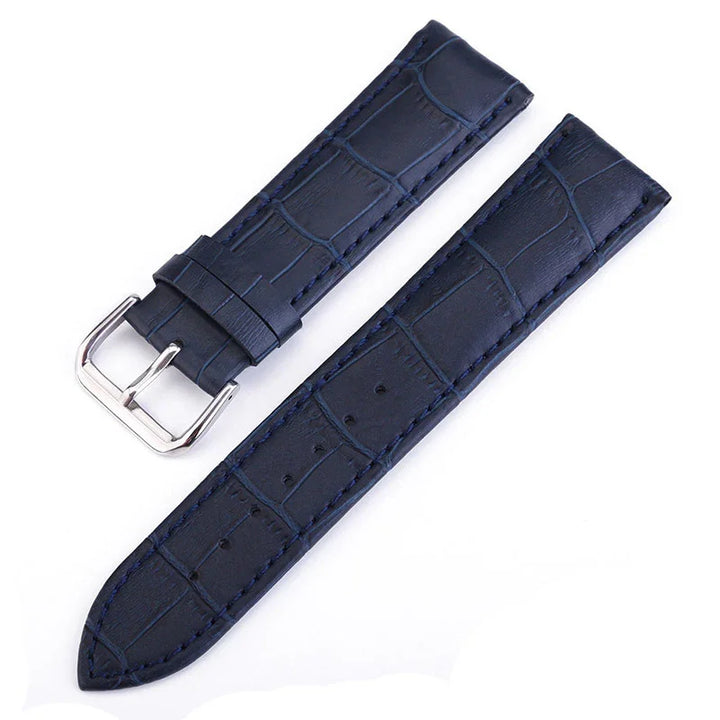 Navy blue genuine leather watch strap with crocodile texture and silver buckle