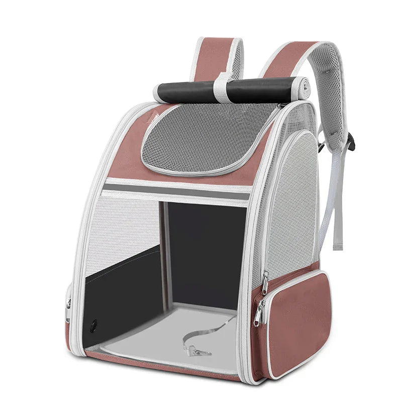 Pink and white breathable pet carrier backpack with mesh panels and safety leash inside