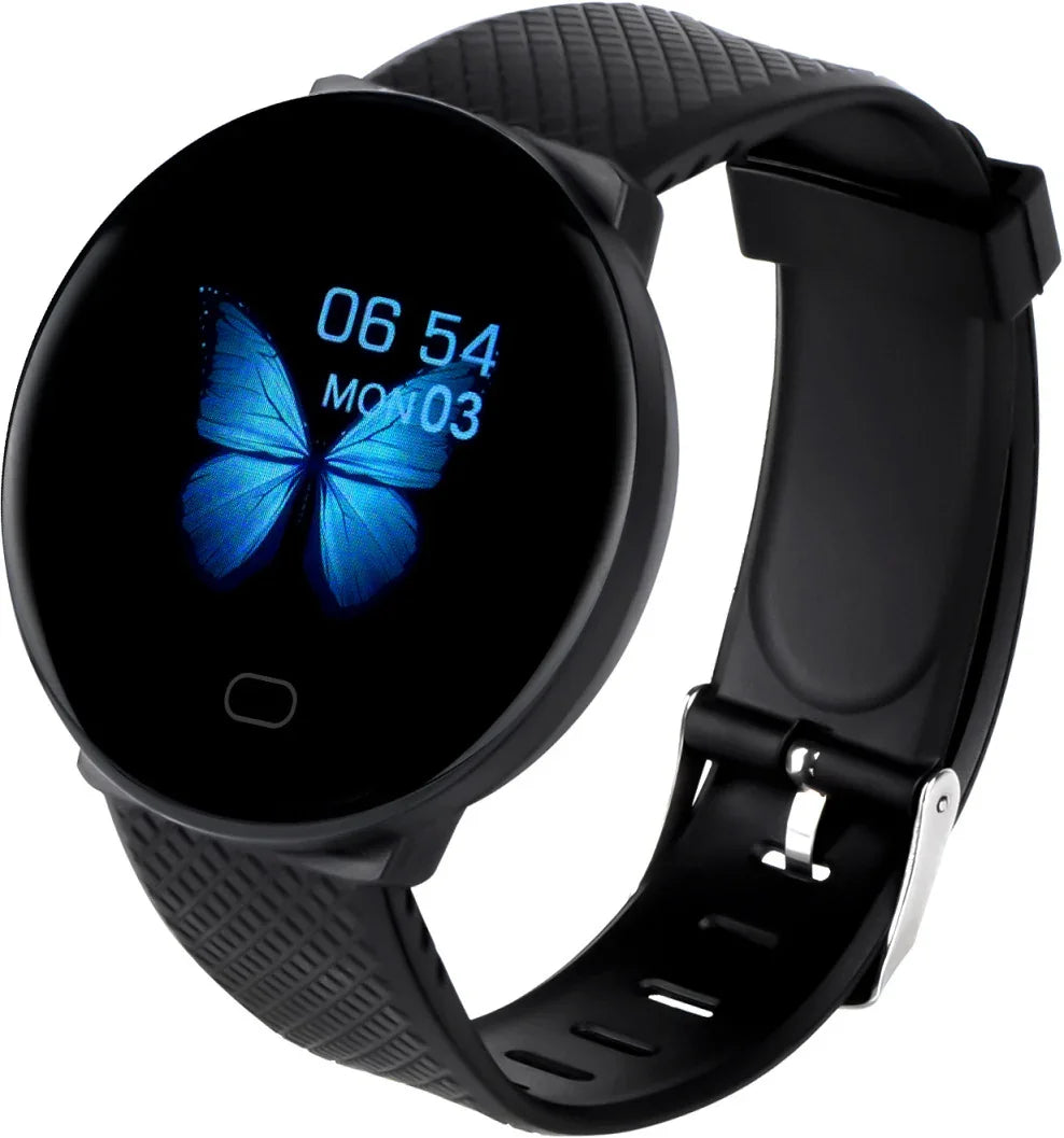 Black round smart watch with textured silicone band displaying blue butterfly and time on screen