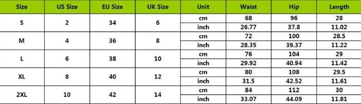 Size chart for women's clothing showing US, EU, UK sizes with waist, hip, and length measurements in cm and inches