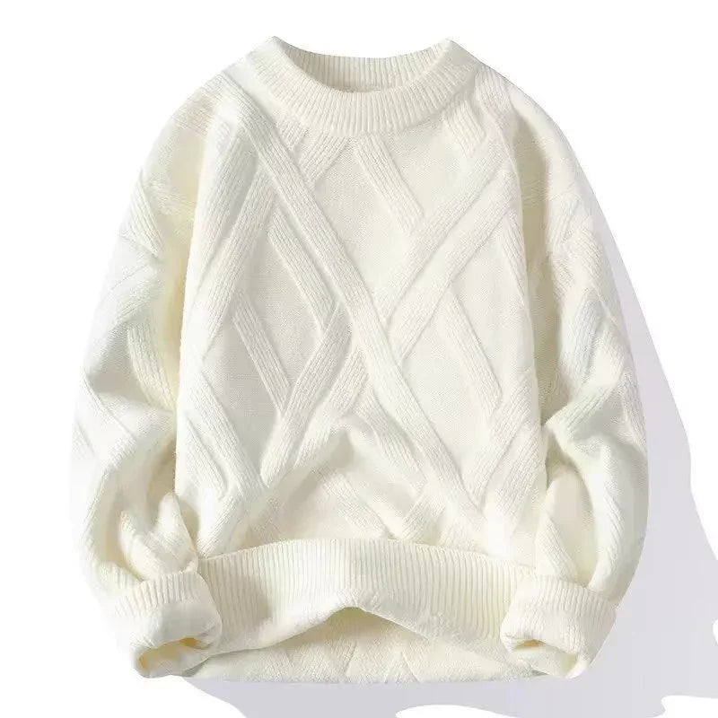 Cream white cable knit sweater with crew neckline and ribbed cuffs and hem