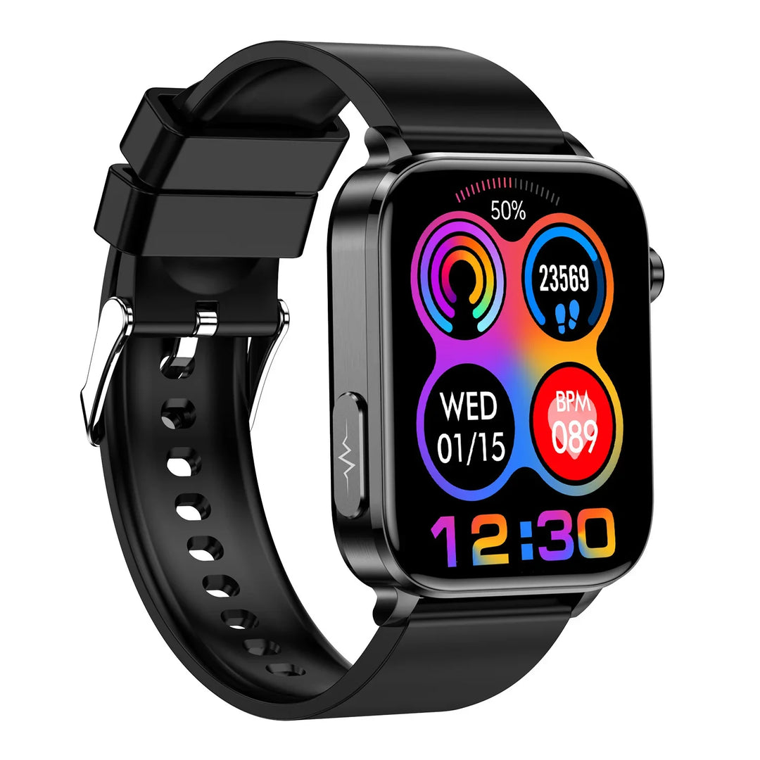 Black smartwatch with colorful fitness tracking display showing steps, heart rate, date, and time