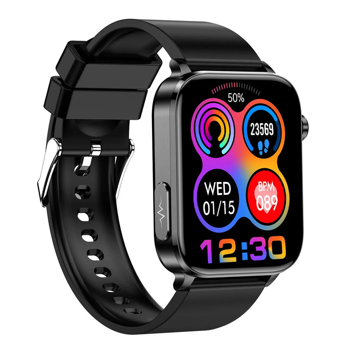 Black smartwatch with colorful fitness tracking display showing steps, heart rate, date, and time