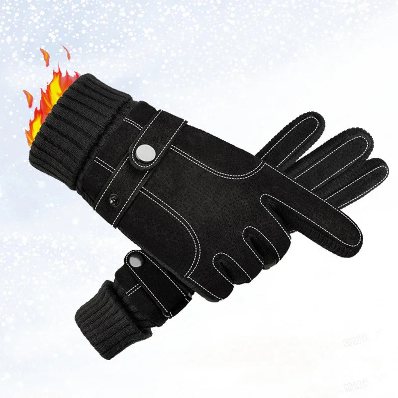 Black winter gloves with adjustable strap and knitted cuffs, flame icon indicating warmth