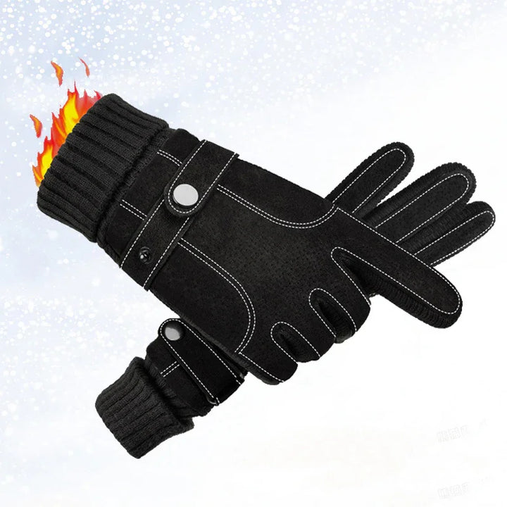 Black winter gloves with adjustable strap and knitted cuffs, flame icon indicating warmth