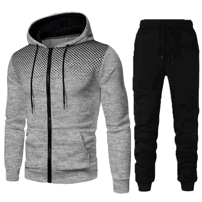 Men's casual two-piece outfit with gray zip-up hoodie featuring black dot pattern and black jogger pants