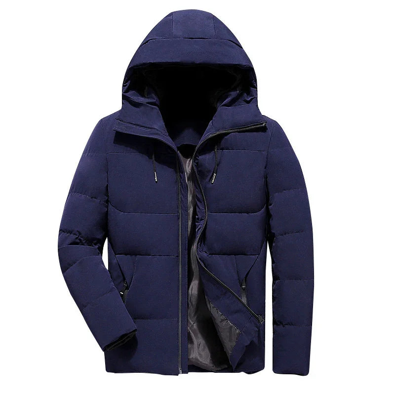 Men's navy blue padded winter jacket with hood and front zipper, open to show gray lining