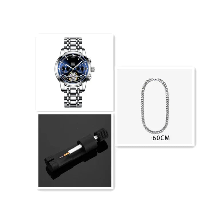 Silver chronograph wristwatch with blue dial, 60cm silver chain necklace, and a black adjustable tool