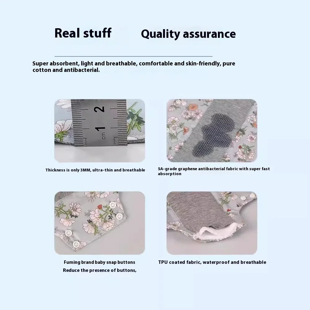 Baby products features showing 3mm thickness, graphene antibacterial fabric, snap buttons, and waterproof TPU coating