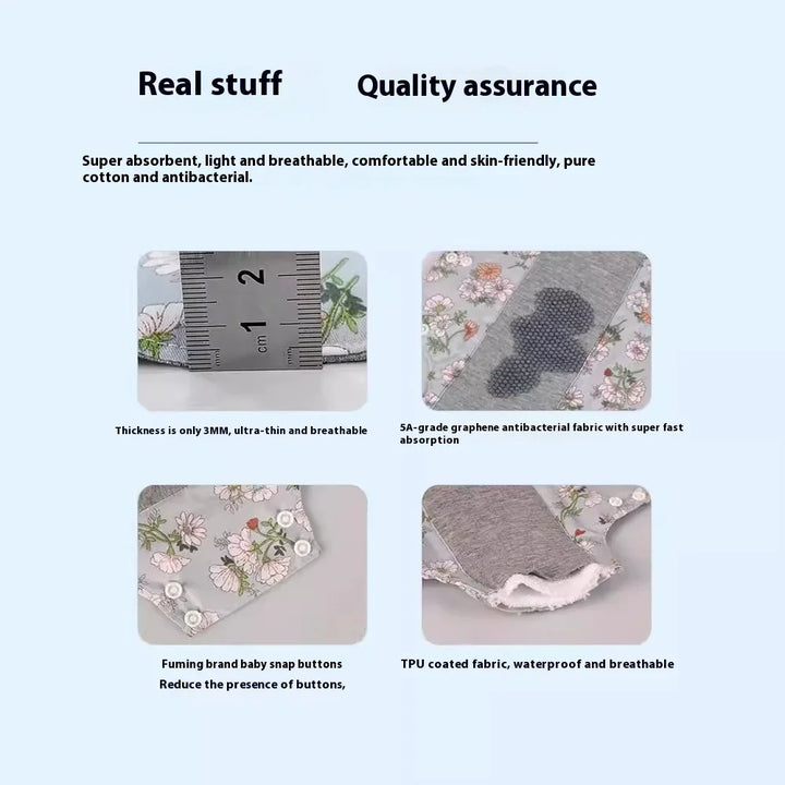 Baby products features showing 3mm thickness, graphene antibacterial fabric, snap buttons, and waterproof TPU coating