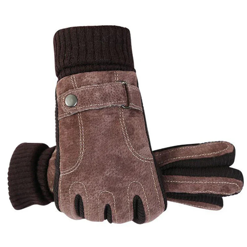brown winter gloves with knit cuffs and button strap on white background