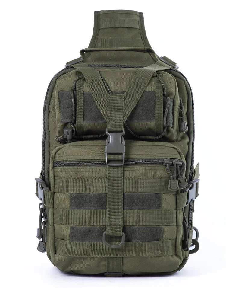 Military green tactical sling backpack with multiple zippered compartments and adjustable straps
