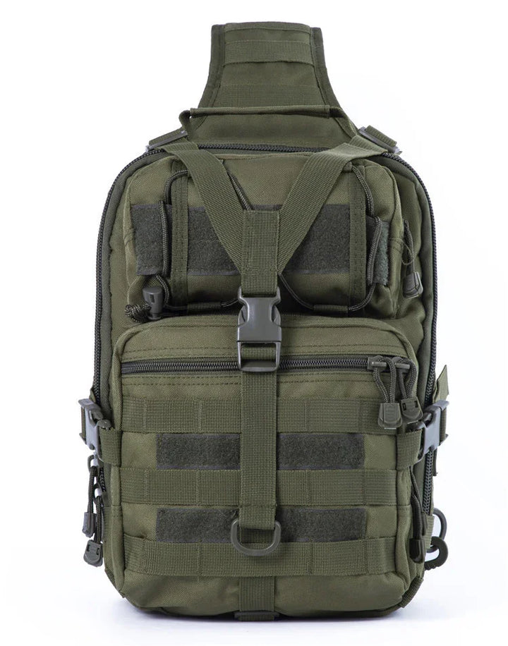 Military green tactical sling backpack with multiple zippered compartments and adjustable straps
