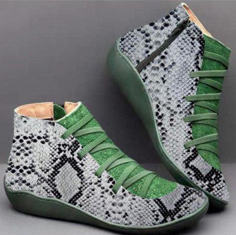 women's ankle boots with green suede and black and gray snakeskin pattern, side zipper and green soles