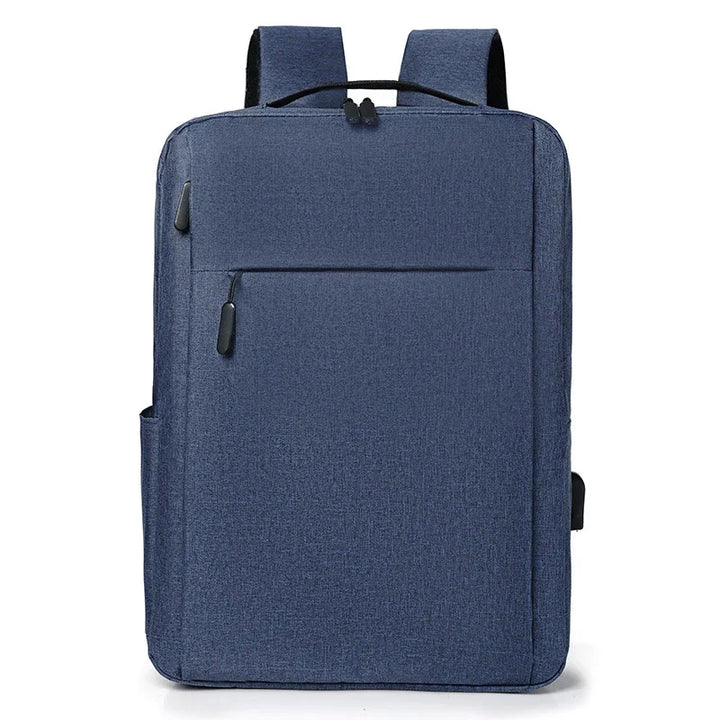 Modern navy blue rectangular laptop backpack with front and side zipper pockets and padded shoulder straps