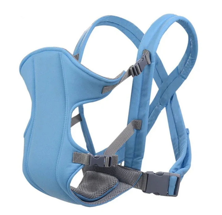 Light blue baby carrier with adjustable straps and breathable mesh padding for infant comfort