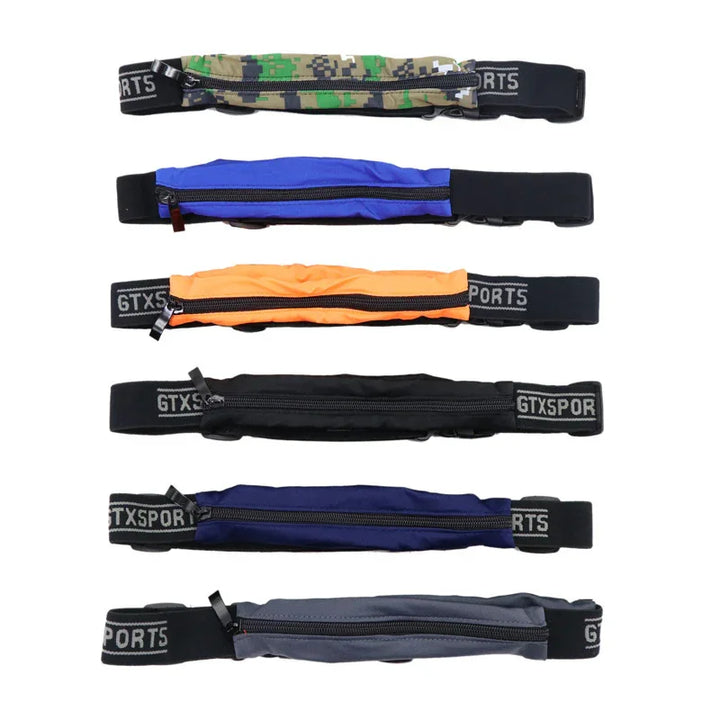 Six slim sports belt pouches in camouflage, blue, orange, black, navy, and gray with GTXSPORTS logo straps