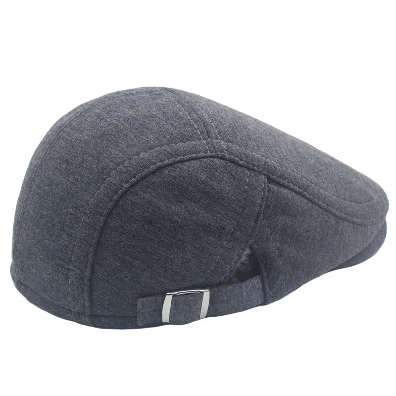 Dark gray flat cap with adjustable buckle strap, classic menswear accessory