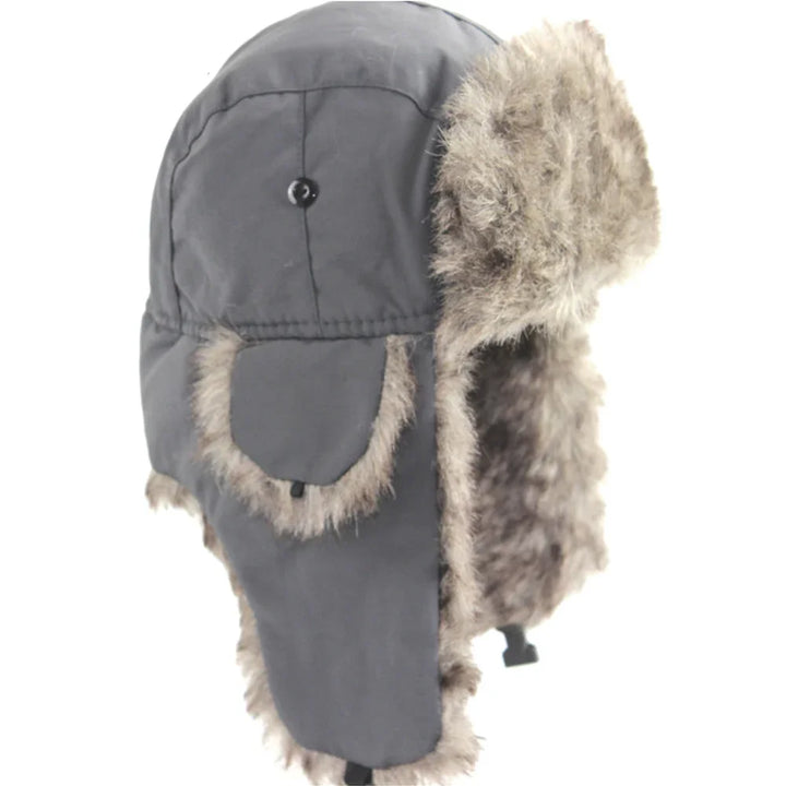 Grey winter trapper hat with faux fur lining and ear flaps for cold weather