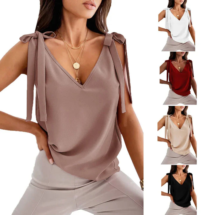 Women wearing sleeveless V-neck tops with tie straps in taupe, white, red, beige, and black colors