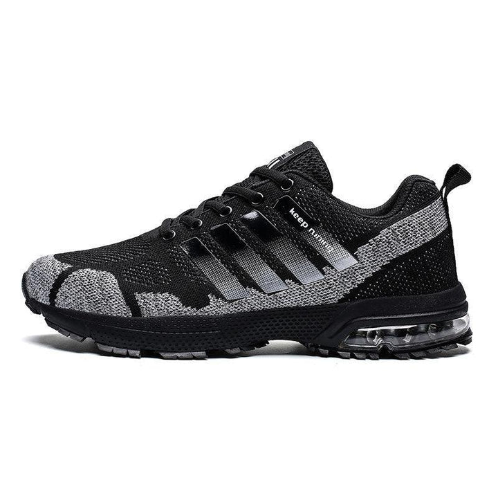Black and gray breathable running shoe with air cushion sole and lace-up design