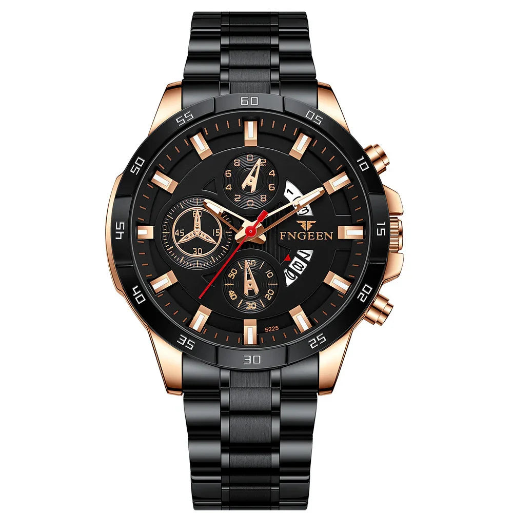 FNGEEN black and gold men's chronograph wristwatch with date display and metal bracelet