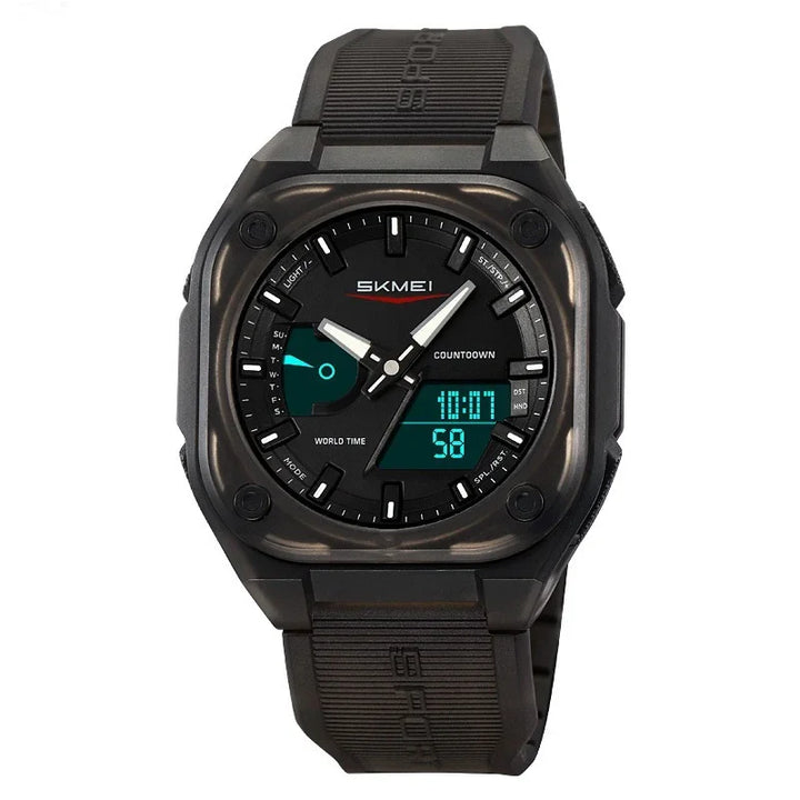 Black SKMEI digital analog wristwatch with countdown, world time, and rubber strap