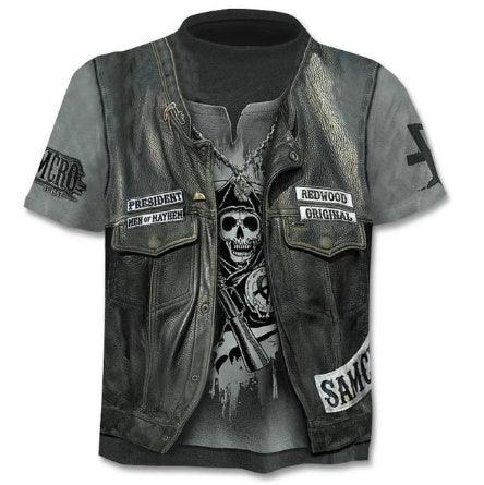Black short sleeve biker t-shirt with printed leather vest, skull graphic, and motorcycle club patches
