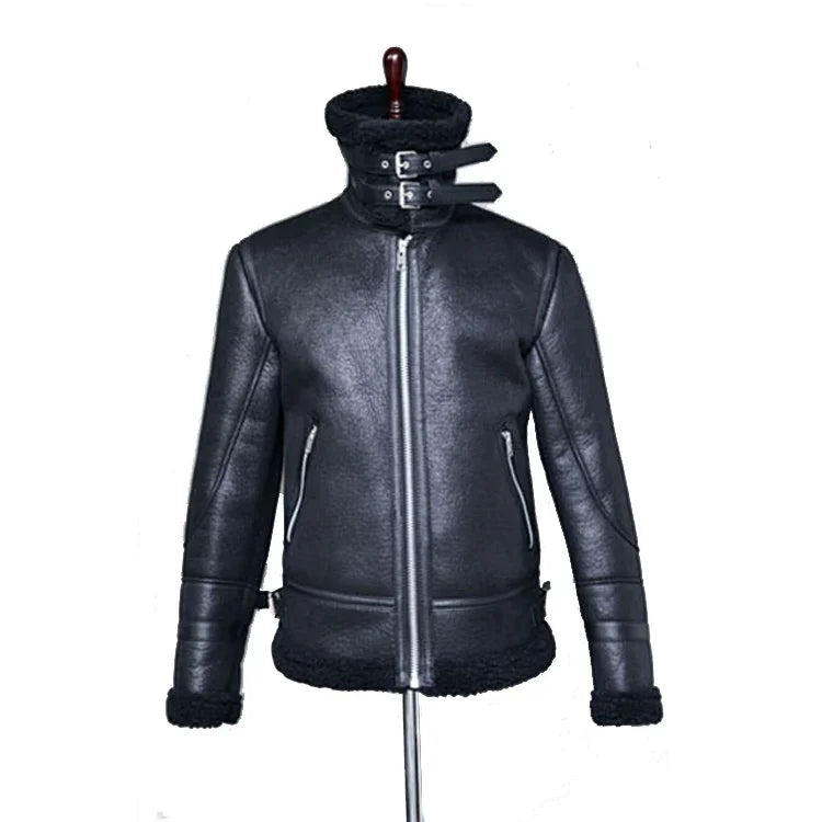 Black shearling leather biker jacket with high collar and double buckle straps on mannequin