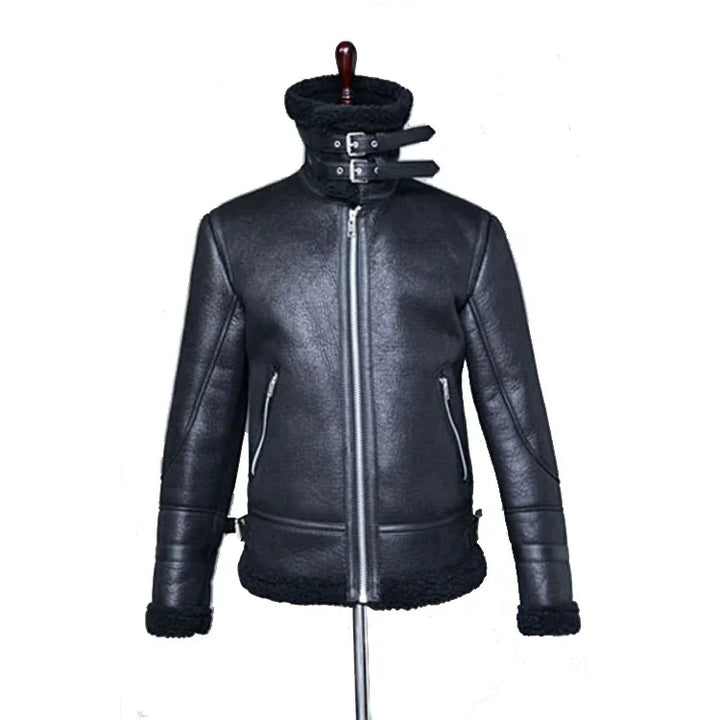 Black shearling leather biker jacket with high collar and double buckle straps on mannequin